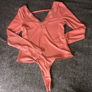 long sleeve ribbed bodysuit with lace trim